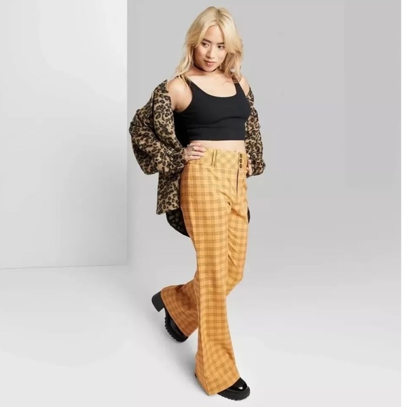 wild fable Pants - Wild Fable Yellow & Brown Plaid Flare Pants Size 4 NEW